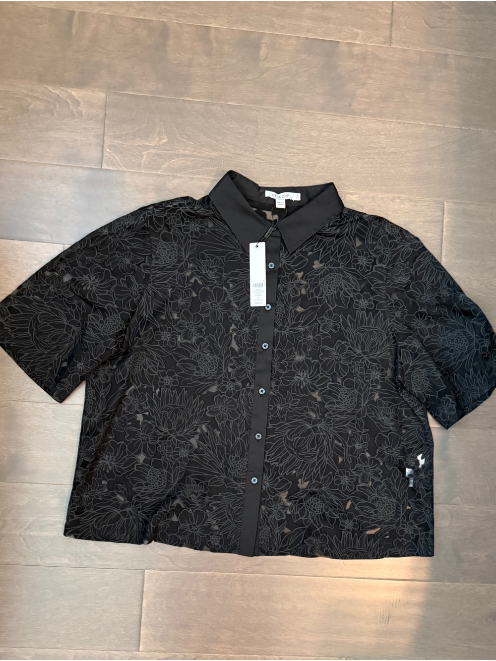 NWT Chico's Black Floral Burnout Button-Down Short Sleeve Top Large Chicos 2